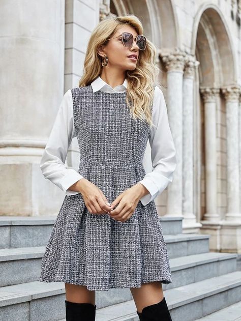 2 In 1 Tweed Dress | SHEIN USA Tweed Dress Outfit, Style Désinvolte Chic, 21st Dresses, Black And White Dress, Tweed Dress, Black N White Dress, 60s Fashion, Work Attire, Work Fashion