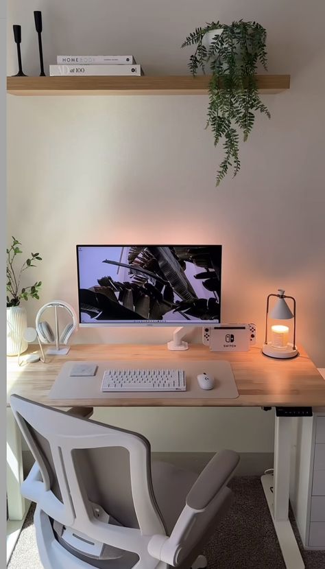 Small Home Office White Desk, Desktop And Laptop Setup, Standing And Sitting Desk, Hiding Monitor On Desk, Flexispot Desk Ideas, Macbook Office Setup, Adjustable Desk Setup, Warm Desk Setup, Office Decor Corner