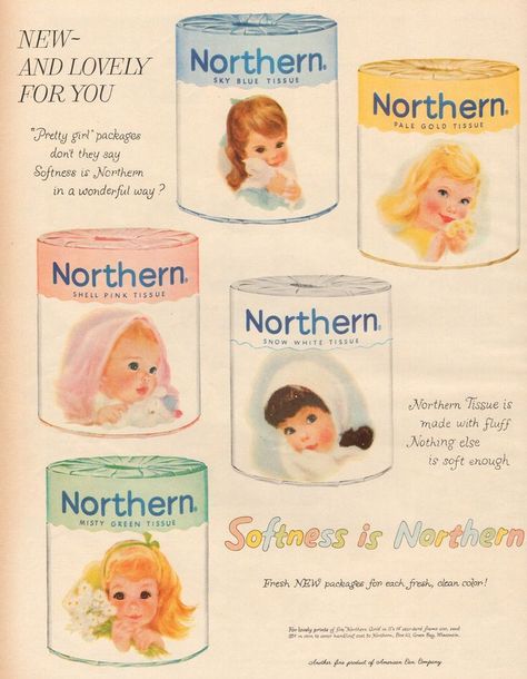 1959 Northern toilet paper ad Colored Toilets, Bathroom Tissue, Toilet Tissue, Girls Art, Retro Advertising, Vintage Bathrooms, Retro Ads, Vintage Memory, I Remember When