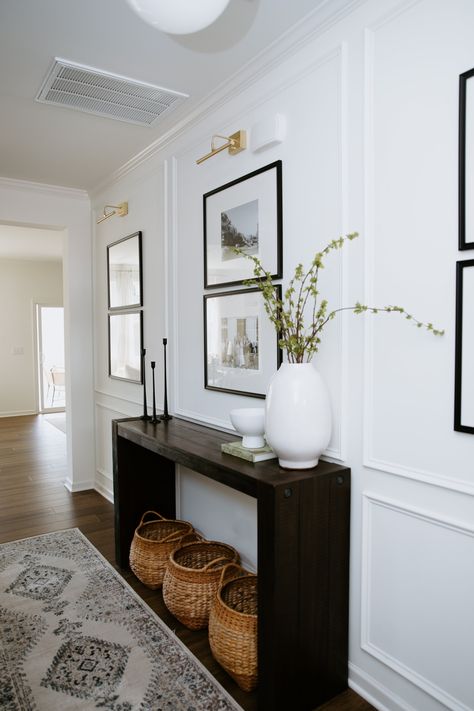 Classic foyer design | transitional home aesthetic | modern classic home | black and white | home decor | nancy Meyers home aesthetic | summer home | target home decor | photo gallery wall Stassi Schroeder Home Decor, Modern Nancy Meyers Interiors, Classic Foyer Design, Nancy Myers Homes Aesthetic, Nancy Meyers Wedding Aesthetic, Home Aesthetic Modern, Nancy Meyers Home, Classic Foyer, Bolton House