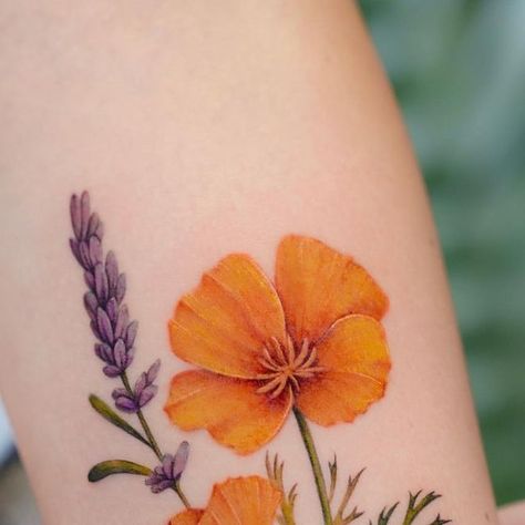 Californian Poppy Tattoo, Poppy Tattoo Color, Orange Poppy Tattoo, Ca Poppy Tattoo, Golden Poppy Tattoo, Orange Flower Tattoo, Poppy And Lavender, Arm Flower Tattoo, Ca Poppy