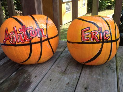 I painted these basketball pumpkins for two little sports fans:-) Basketball Pumpkin, Basketball Painting, Fall Festival Games, Basketball Dunk, Halloween Pumpkin Crafts, Sports Banquet, Pumkin Carving, Basketball Tricks, Halloween Food Treats