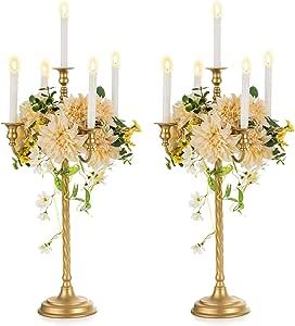 Floor Candle Holders Tall, Floor Candelabra, Flameless Taper Candles, Gold Candelabra, Candelabra Wedding, Candelabra Centerpiece, Gold Centerpieces, Floor Candle Holders, Floor Candle