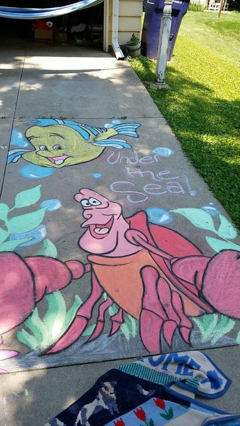 Ariel Chalk Art, Sidewalk Chalk Art Disney, Under The Sea Chalk Art, Moana Chalk Art, Chalk Art Ideas Disney, Tangled Chalk Art, Cartoon Chalk Art, Mermaid Chalk Art, Chalk Art Disney