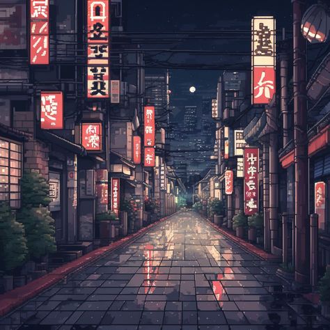 Stalking Wolf, Japanese Cyberpunk, Japan Vibes, Tokyo Skyline, Japan Lifestyle, Dark Paintings, Ipad Aesthetic, Tokyo Art, Tokyo Night