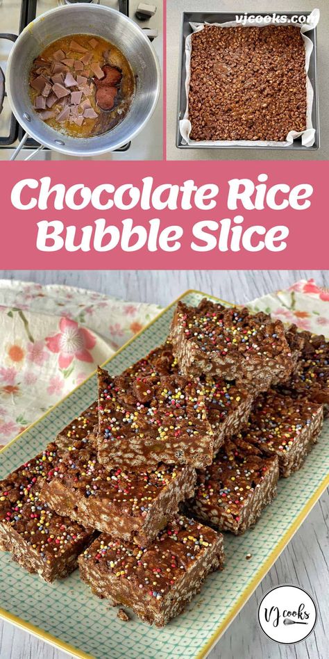 Chocolate Rice Bubble Slice, Rice Bubble Recipes, Rice Bubble Slice, Nz Recipes, Lunchbox Snacks, Chocolate Caramel Slice, Vj Cooks, Slice Recipes, No Bake Slices