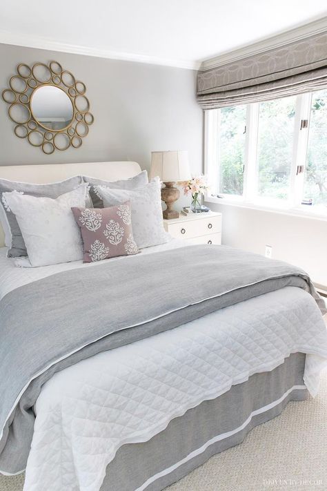 Love the pretty bedding combination of the white linen quilt and gray & white duvet! Links and details in post! #bedding #quilt #duvet #bedroomdecor #bedroomideas #bedroom Pretty Bedding, Bedding Pillows, Grey Bedroom, White Duvet, Gray Bedroom, Guest Bed, Simple Bedroom, Master Bedrooms Decor, Remodel Bedroom