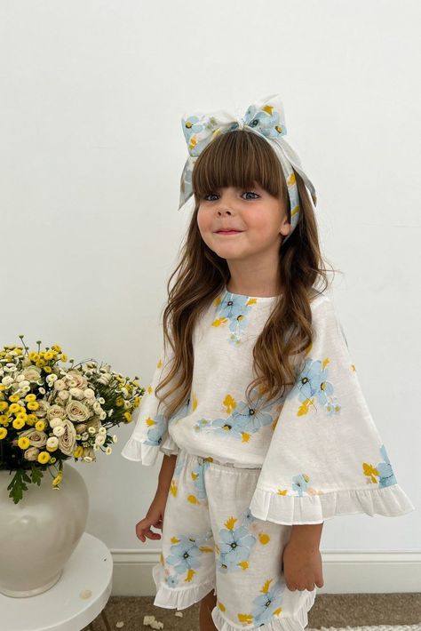 A lightweight, airy playsuit made from organza with a delicate floral print. Perfect for summer days.  #organza #playsuit #floral Kid Girl Outfits, Eid Family, Kids Dress Wear, Kids Fashion Clothes, Organza Fabric, Easy Breezy, Dresses Kids Girl, Baby Outfits, Neck Scarf