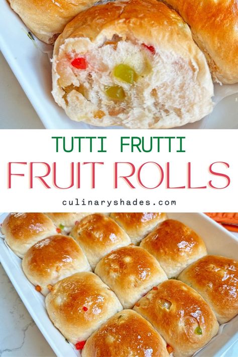 Tutti Frutti fruit buns in a tray. Fruit Bread Recipes Yeast, Fruit Buns Recipe, Fruit Buns, Hot Cross Buns With Candied Fruit, Milk Rolls, Vegan Bread Recipe, Vegan Bread, Easy Bread Recipes, Easy Bread