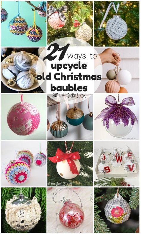 Christmas Bulb Upcycle, Christmas Decorations With Baubles, Upcycled Christmas Baubles, Decorating Baubles Craft Ideas, Bauble Craft Ideas, Old Christmas Balls Repurpose, Diy Bauble Ideas, Repurpose Old Ornaments, Upcycle Baubles Ideas