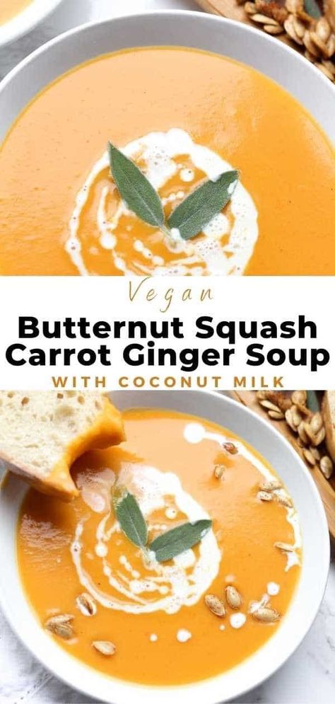 Butternut Squash Carrot Ginger Soup, Squash Ginger Soup, Butternut Squash Ginger Soup, Carrot Butternut Squash Soup, Autumn Squash Soup, Autumn Squash, Soup With Coconut Milk, Vegan Butternut Squash Soup, Frozen Butternut Squash