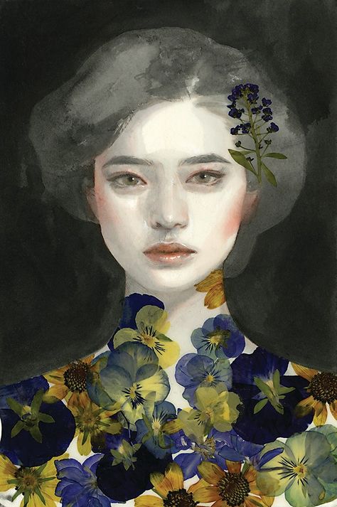 “Study No. 80, a portrait study of a woman for personal experimentation, is made with acrylic, colored pencil and pressed flowers on paper.&rdqu... Tran Nguyen, Ib Art, Barnett Newman, Amedeo Modigliani, Marc Chagall, Communication Art, Pierre Auguste Renoir, Rembrandt, Henri Matisse