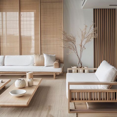 20 Japandi Style Ideas For Your Home - Rhythm of the Home Contemporary Coastal Living Room, Japanese Style Living Room, Sliding Roof, Minimalistic Home Decor, Japandi Furniture, Modern Lobby, Dark Wooden Floor, Zen Living, Minimalistic Home