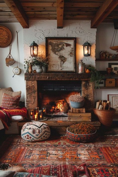 Bedroom With Fireplace Ideas, Salons Cottage, Bedroom With Fireplace, Boho Cabin, Minimalist Fireplace, Boho Bungalow, Fireplace Frame, Cabin Living Room, Nook Ideas