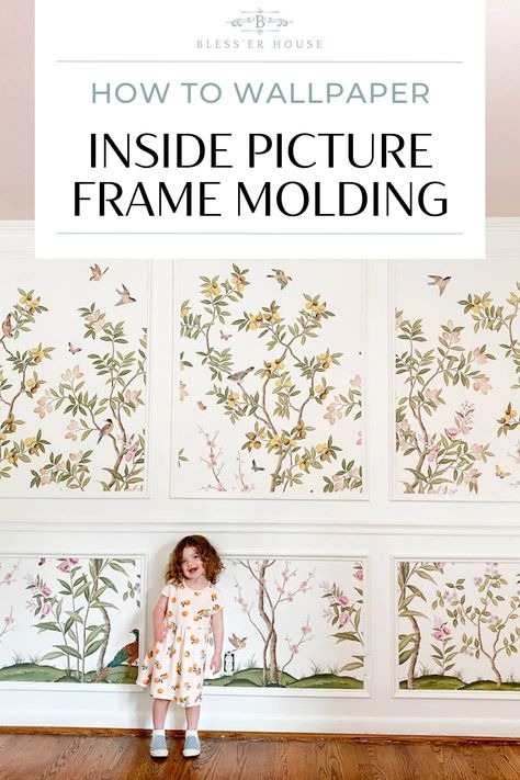 A step-by-step tutorial for how to hang wallpaper with an unpasted mural inside of picture frame molding for a whimsical, traditional look. Wallpaper Panels Framed, Framed Wallpaper Panels, How To Wallpaper, Hang Wallpaper, Diy Paper Wall Hanging, Installing Wainscoting, Next Wallpaper, Hallway Wallpaper, Arte Aesthetic