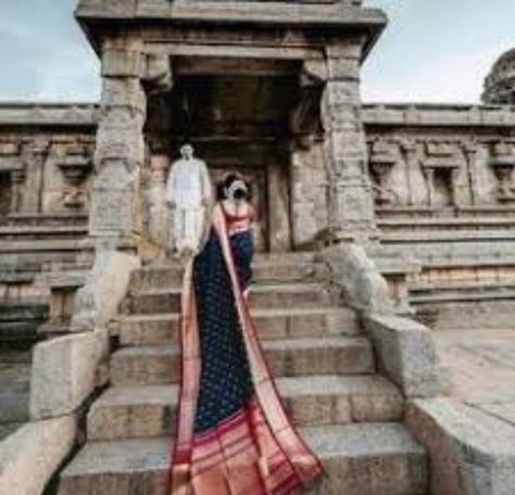 Couple Photoshoot In Saree Outdoor, Marathi Pre Wedding Photoshoot, Saree For Pre Wedding Shoot, Temple Couple Photoshoot, Pre Wedding Photoshoot Outdoor Indian, Temple Shoot, Engagement Invitation Card, South Indian Saree, Temple Wedding Photography