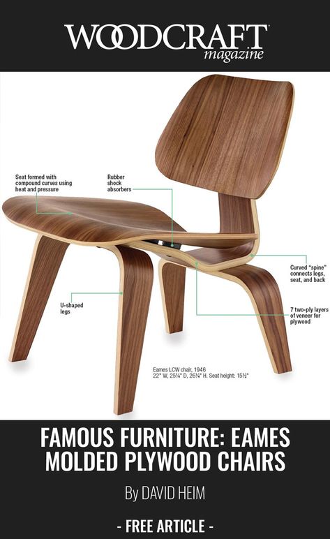 https://www.woodcraft.com/blog_entries/famous-furniture-eames-molded-plywood-chairs #woodcraft #woodcraftmagazine #wcmag #freearticle #diy #craft #woodworking #tips #tricks #howto #diycrafts #helpingyoumakewoodwork Bent Plywood Chair, Famous Furniture, Curved Plywood, Plywood Chair, Charles And Ray Eames, Furniture Details Design, Curved Wood, Plywood Furniture, Ray Eames