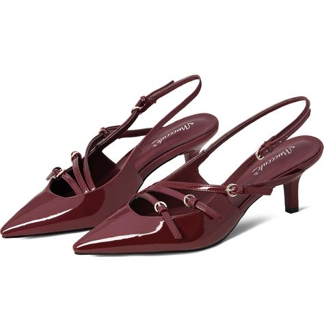 PRICES MAY VARY. 【2-1/4" Kitten Heel】The heel measures 2.25 inches, adhering to standard US sizing for length and width. The pointed-toe style is enhanced by an adjustable buckle slingback, ensuring a stylish and comfortable boost to your silhouette. 【Trio Slingback Pumps】These fashion slingback heels feature a playful multi-strap design accented with shiny gold metal circular buckles. With their pointed toe heels featuring a subtle flare, they exude sophistication and charm, making them the per Shoes Prom, Pointed Kitten Heels, Trending Shoes For Women, Kitty Heels, Kitten Heel, Low Heel Dress Shoes, Red Kitten Heels, Party Pumps, Chic Heels