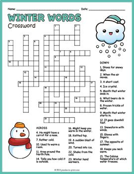 Chase away the winter blahs with this loads of fun crossword puzzle featuring 25 vocabulary words with fun clues that kids will enjoy figuring out. A helpful word bank is included on a separate page, which you can use or not depending on how much you wish to challenge your students.The puzzle comes ... Winter Crossword, Winter Word Search, Winter Vocabulary, Christmas Crossword, Word Puzzles For Kids, Puzzle Worksheet, Winter Words, Christmas Worksheets, Word Searches