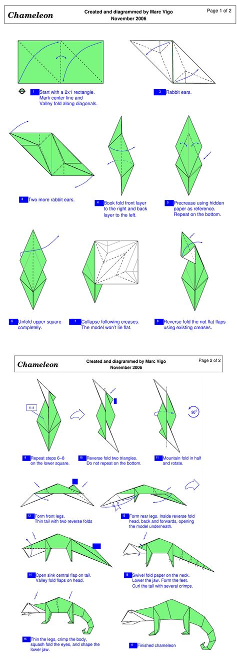 Origami CHAMELEON Folding Diagram Instructions Pattern Origami Chameleon, Origami Lizard, Paper Origami Flowers, Origami Flowers Tutorial, Origami Star Box, Dollar Origami, Kraf Kertas, Origami Dragon, Origami For Beginners