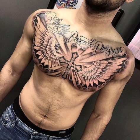 Chest Tattoo Wings, Full Chest Tattoos, Chest Ideas, Cross Tattoo For Men, Tattoo Inspiration Men, Cool Chest Tattoos, Pieces Tattoo, Chest Tattoos, Chest Tattoos For Women