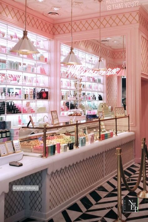 SWEET Decor | NgLp Designs shares summer afternoons at Ladurée for pink bakery design + décor inspiration | interior design of French luxury bakery at Yorkdale Shopping Centre, Toronto | double-decker macarons | chocolate | Photo: Jordana Photography, Toronto, Canada |  #chocolate #bakery #pink Cake Shop Interior, Bakery Shop Design, Bakery Interior, Bakery Design Interior, Bakery Decor, Fancy Restaurants, Bakery Design, Cafe Interior Design, Store Design Interior