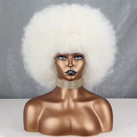 Amazon.com : Xinran Short White Afro Wig for Black Women, Afro Curly Puff White Blonde Wig Heat Resistant Synthetic, Afro Platinum Wig Fluffy Bouncy for Costume Cosplay Party Use (White Blonde) : Beauty & Personal Care 60s Afro, 70s Afro, Afro Wigs For Black Women, White Afro, Short Afro Wigs, Platinum Wigs, Disco 70s, Afro Wig, Short Afro