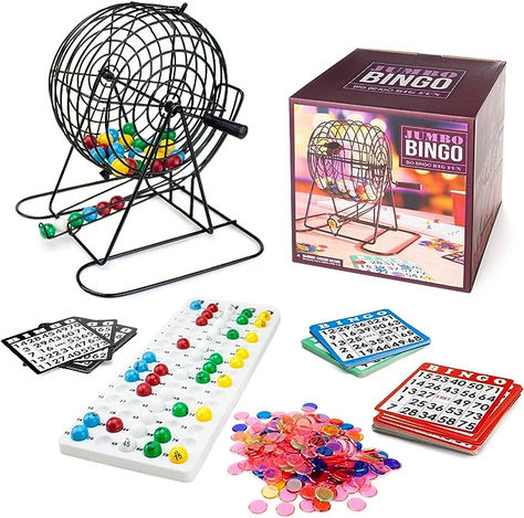 What's Included: Our Jumbo Bingo Set includes a large size 9 inch quality metal cage, 75 colorful 7/8" Bingo balls, 100 cardstock Bingo cards, 1 hardy plastic masterboard, and 500 assorted Bingo chips. Cards measure about 4.9" by 5.25"
More Pieces, More Players, More Bingo: Our Jumbo Bingo game set is great for larger parties, groups, or experienced players playing multiple cards at once. We include a total of 100 Bingo cards and 500 Bingo chips Family Game Night Party, Bingo Machine, Jumbo Games, Bingo Cage, Large Group Games, Party Backyard, Game Night Parties, Bingo Chips, Backyard Barbeque