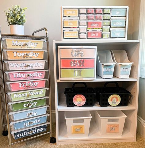 Teacher Organizer Drawers, Teacher Classroom Inspiration, Classroom Office Organization, Cute Classroom Decor Middle School, Pinterest Classroom Ideas, Teacher Desk Kindergarten, Daycare Teacher Desk Ideas, Class Desk Organization, 1st Grade Desk Organization