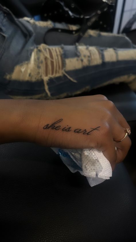 Small Corresponding Tattoos, Small Design Tattoos For Women, Small Girl Tattoos Black Women, Small Tattoos With Meaning For Women, Small Word Tattoos For Women, Tattoo On Side Of Hand, Intimate Tattoo, She Is Art Tattoo, Beautiful Spine Tattoos