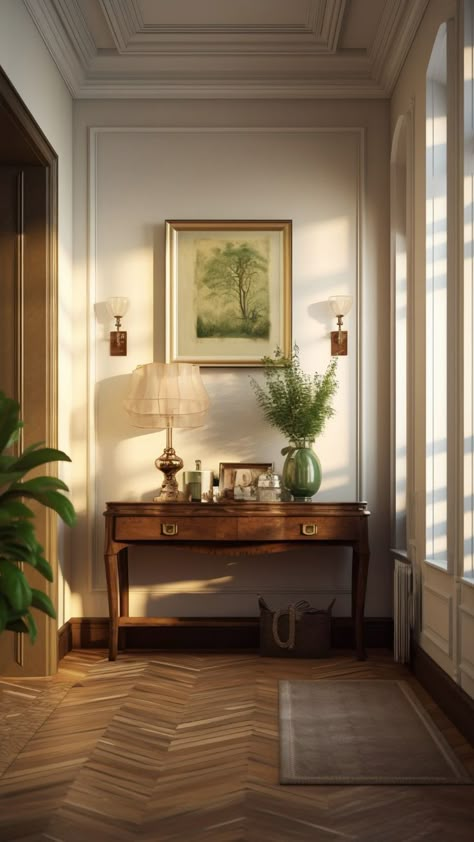 An elegantly designed interior space, likely part of a residential home. There is a wooden console table with various decorative items including a lamp with a beige shade, several small framed photographs. Above the table hangs a framed painting of a green landscape. The walls are adorned with classic white wainscoting and moldings that add to the room’s sophisticated aesthetic. A vase with green foliage sits on the table, adding a touch of nature to the scene. By freepik Floating Nightstand Ideas, Modern Floating Nightstand, Nightstand Ideas, White Wainscoting, Casa Clean, Elegant Console Table, Wooden Console Table, Deco Studio, Wooden Console