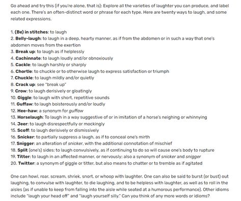 Helpful list of the various types of laughter for storytelling. #writing #storytelling #novelwriting How To Describe A Laugh In Writing, Types Of Expressions Writing, Different Types Of Laughs Writing, Describe Laughter Writing, Body Types Writing, Laugh Descriptions Writing, How To Describe Laughter In Writing, Describing Laughter Writing, Eye Descriptions For Writing