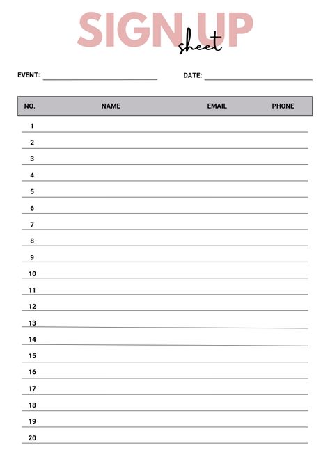 Sign Up Sheet Template Free Printable, Sign Up Sheet Template, Sign In Sheet Template, Typographic Poster Design, Sign Up Sheets, A4 Document, Sign In Sheet, Candy Boutique, Simple Signs