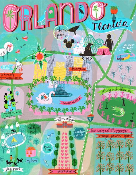 orlando illustrator : lori weitzel : a daily personal art blog Orlando Map, Orlando Theme Parks, A6 Notebook, Orlando Travel, Skyline Silhouette, Rocky Top, Orlando Vacation, Travel Notes, Us Road Trip