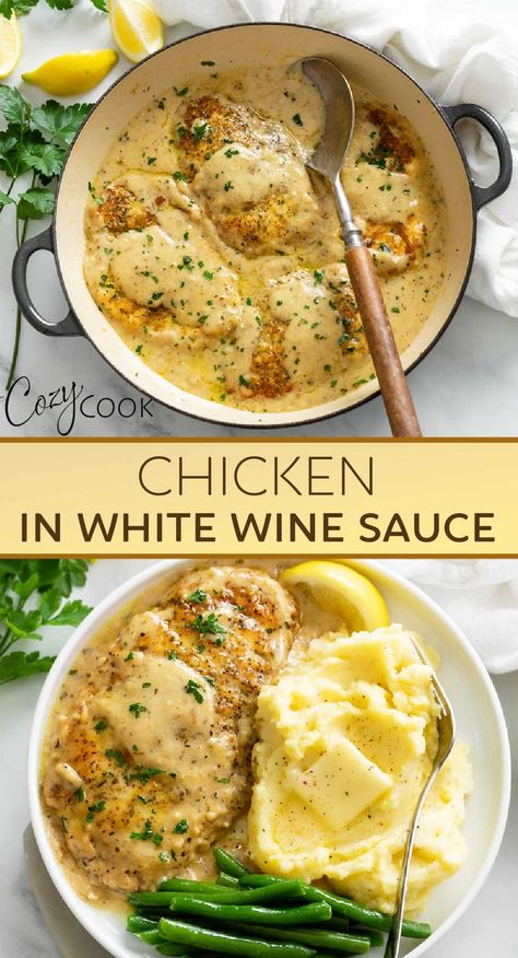 Chicken in white wine sauce with a side of mashed potatoes and green beans Chicken In White Wine Sauce, Chicken In White Wine, Chicken White Wine Sauce, Seasoned Chicken Breast, White Wine Sauce Recipes, Seasoned Chicken, Squeezed Lemon, White Wine Sauce, Chicken Main Dishes