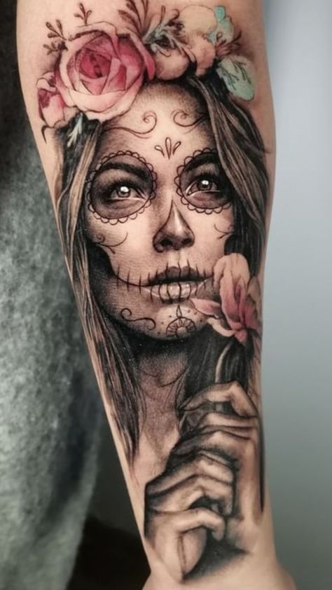 Mexican American Tattoos For Women, Candy Skull Tattoo Design, Dia De Los Muertos Tattoo Ideas Sleeve, Sugar Skull Tattoos For Women, Half Lady Half Skull Tattoo, Half Woman Half Skull Tattoo Beautiful, Dia De Los Muertos Tattoo Ideas, Dia De Los Muertos Tattoo Ideas Woman, Women’s Skull Sleeve Tattoo