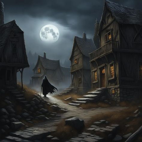 crumbling haunted village, grim reaper walking down street, broken, decay, abandoned, eerie, midnight, full moon, horror, eldritch, sinister... - AI Generated Artwork - NightCafe Creator Haunted Village, Cafe Logo, Grim Reaper, Cool Artwork, Beautiful Artwork, Full Moon, Walking, Moon, Art