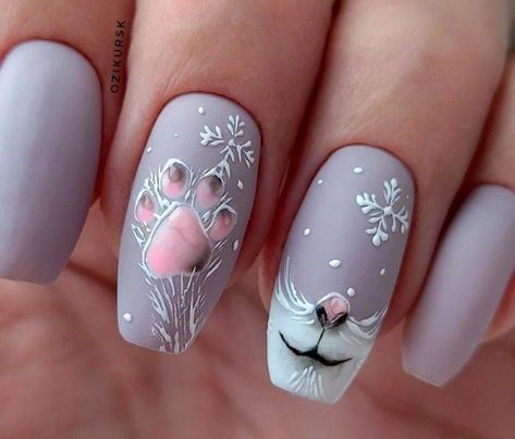 Christmas Cat Nail Art, Cat Christmas Nails, Christmas Cat Nails, Pink Winter Nails, Cute Winter Nails, Short Christmas Nails, 2023 Spring Nails, Winter Nails Ideas, Christmas Formal