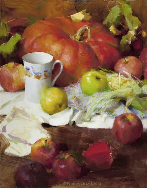 Still Lifes — The Art of Nancy Guzik Autumn Still Life Painting, Academia Palette, Nancy Guzik, Richard Schmid, Pumpkin Paintings, Still Lifes, Still Life Oil Painting, Fruit Painting, Still Life Drawing