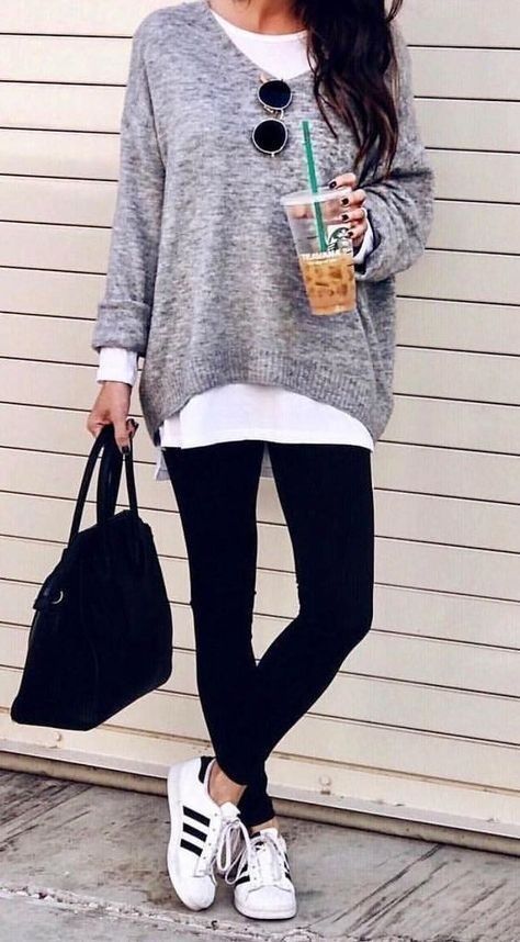 Shop the look from FashionNora on ShopStyle Looks Adidas, Womens Grey Sweater, Look Legging, Black Leggings Outfit, Capsule Closet, Cozy Fall Outfits, Pullover Outfit, Sweater Trends, Summer Work Outfits