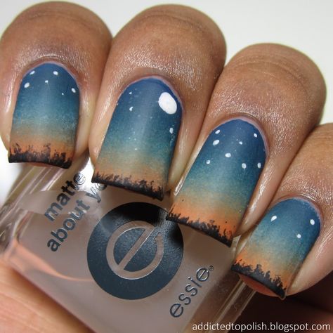 Camping Nails Summer, Camping Nails Designs, Mountain Nail Art, Mountain Nails, Camping Nails, Camp Nails, Dazzle Nails, Stars Nail Art, Nature Nails