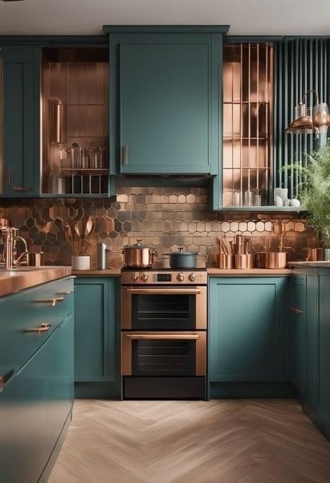 Turquoise Kitchen Decor, Best Kitchen Colors, Copper Kitchen Decor, Turquoise Kitchen, Teal Kitchen, Green Kitchen Cabinets, Design Your Kitchen, Green Cabinets, Copper Kitchen