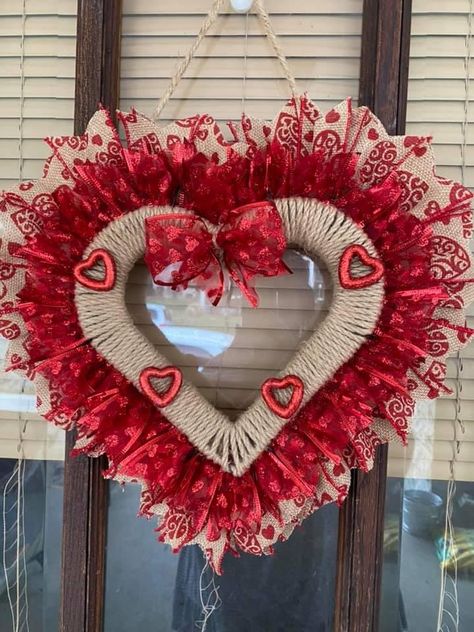 Valentine Wreath Craft, Heart Wreath Diy, Valentine Mesh Wreaths, Dollar Tree Farmhouse, Heart Shaped Wreath, Valentine Wreath Diy, Diy Valentines Day Wreath, Burlap Wreath Diy, Deco Mesh Wreaths Diy