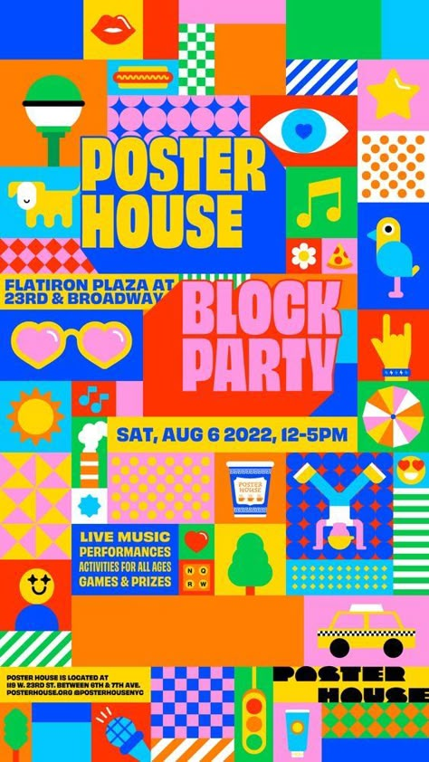 Block Poster Design, Block Party Poster Design, Block Party Graphic Design, Bright Poster Design, Party Posters Design, House Party Poster, Block Party Poster, Block Graphic Design, House Poster Design