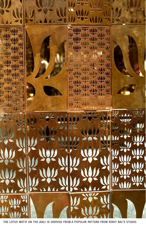 Metal Jali at Rohit Bal's store in New Delhi, India Jaali Design For Mandir, Metal Screens Architecture, Lotus Motif, Jaali Design, Cabinet Medical, Pooja Room Door Design, Rohit Bal, Pooja Room Design, Room Door Design