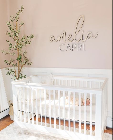 42" size amelia- lavender font, natural stain CAPRI- daffodil font, whitewash stain Two Tone Pink Nursery, White Accent Wall Nursery, Name Wall Nursery, Pink And White Nursery Walls, Baby Girl Nursery Pink And White, Nursery Ideas Baby Girl, Beige And Pink Nursery, Pink And White Nursery Ideas, Pink Board And Batten Wall Nursery