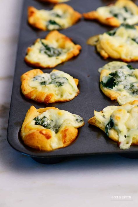 Spinach Dip Bites Recipe - Add a Pinch Spinach Dip Stuffed Breadsticks, Cheesy Spinach Bites, Spinach And Artichoke Dip Bites, Spinach Dip Bites Appetizers, Spinach Artichoke Puffs, Spinach Bites Appetizers, Spinach Crescent Rolls, Spinach Dip Bites, Spinach Dip Appetizers