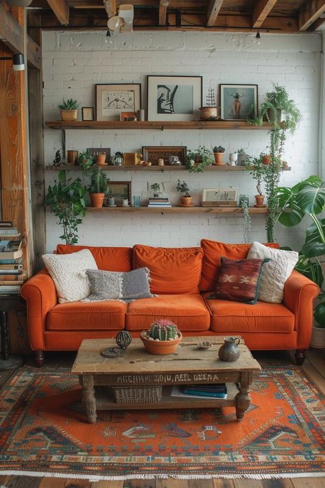 Boho Mid Century Modern Living Room, Midcentury Boho, Orange Couch, Oregon House, Boho Mid Century Modern, Couch Styling, Best Eyeglasses, Vibrant Living Room, Textured Fabrics