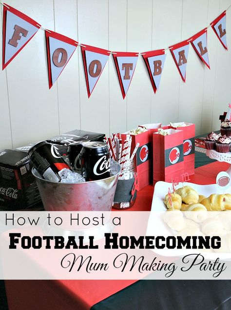 how-to-host-a-football-homecoming-mum-making-party Homecoming Party Ideas High School, Mum Making, Homecoming Decorations, High School Parties, Crafting Party, Football Mums, Homecoming Games, Game Day Party, Football Spirit