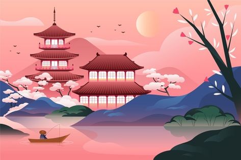 Gradient japanese temple with lake Free ... | Free Vector #Freepik #freevector #building #nature #japan #landscape Japanese Landscape Art, Japan Background, Castle Illustration, Poster Japanese, Japan Illustration, Japanese Castle, Mont Fuji, Japanese Temple, Japon Illustration